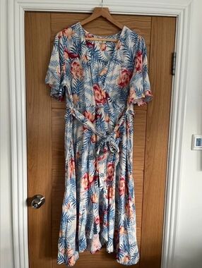 Floral Blue & Peach Wrap Midi Dress
